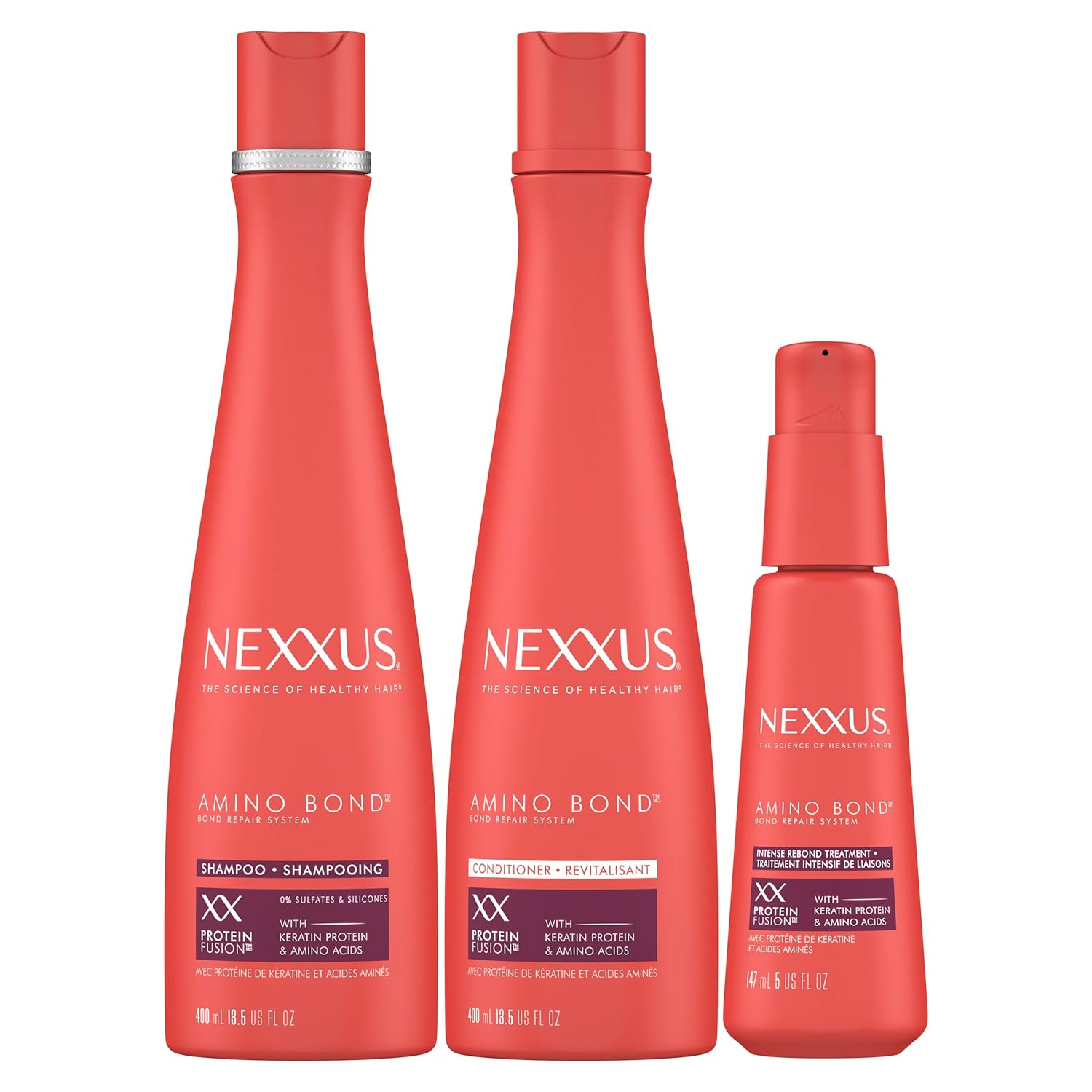 Nexxus Bond Repair Shampoo, Conditioner & Intense Rebond Treatment Bundle Amino Bond 3 Pack For All Types Of Damaged Hair, With Keratin Protein And Amino Acids