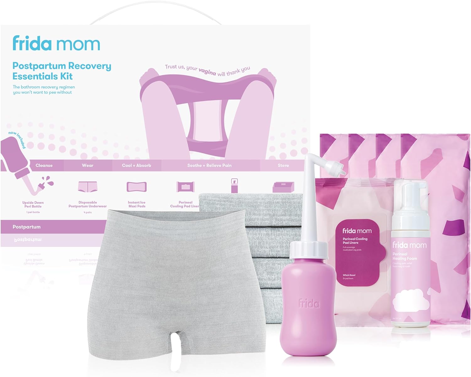 Frida Mom Postpartum Recovery Essentials Kit, Includes Disposable Underwear, Instant Ice Maxi Pads, Perineal Healing Foam, Perineal Healing Pad Liners And Upside Down Peri Bottle (11Pc Gift Set)