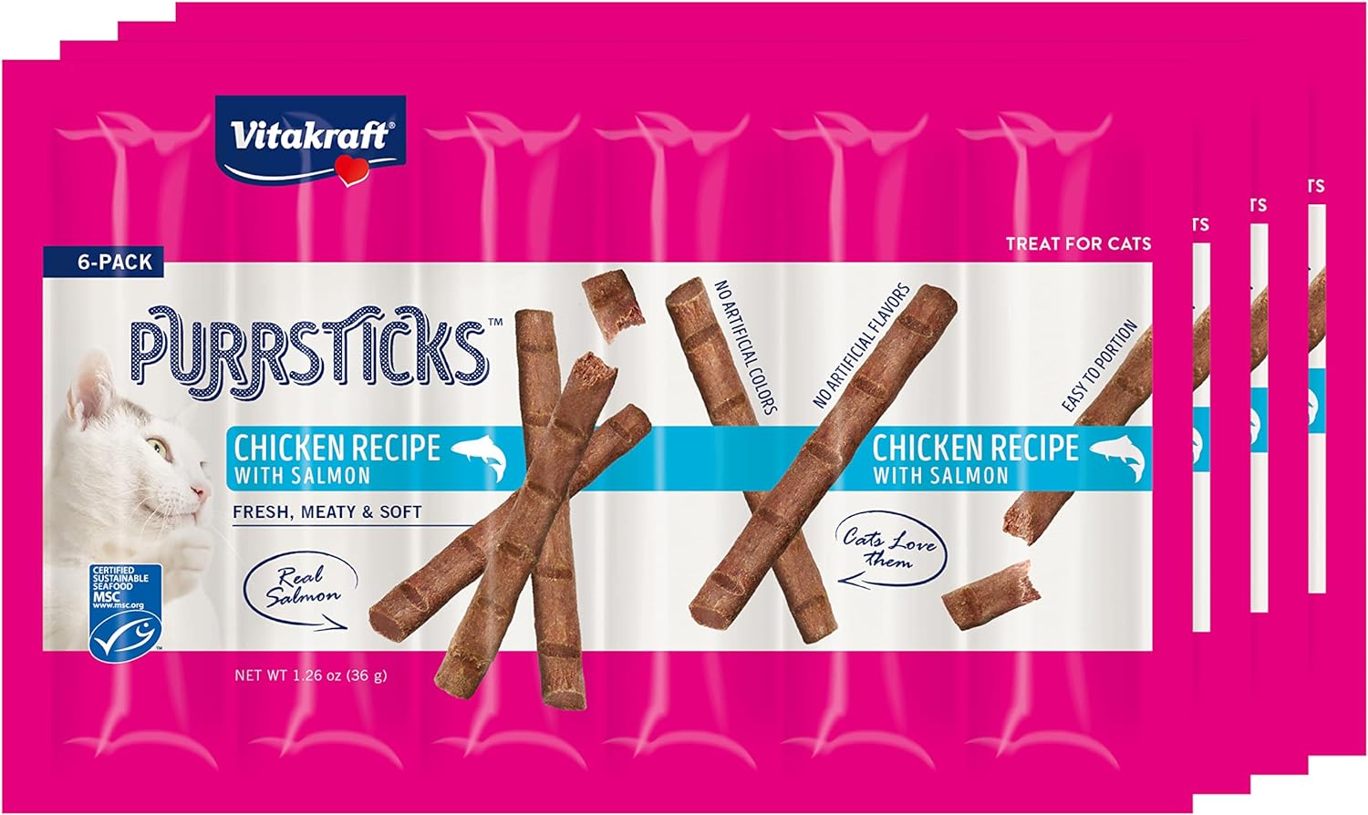 Vitakraft Purrsticks Meaty Cat Sticks - Chicken With Salmon - Segmented And Breakable Meatstick - Deliciously Tender - Multi Pack Of 4