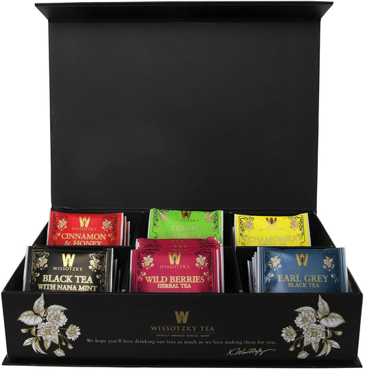 Wissotzky Artisinal Tea Chest Box, Assorted Flavors Of Black & Herbal Tea Bags (42 Tea Bags) 6 Flavors | Tea Sampler Variety Pack | Tea Gift Set | Individually Wrapped | Corporate & Holiday Gifts | Certified Kosher