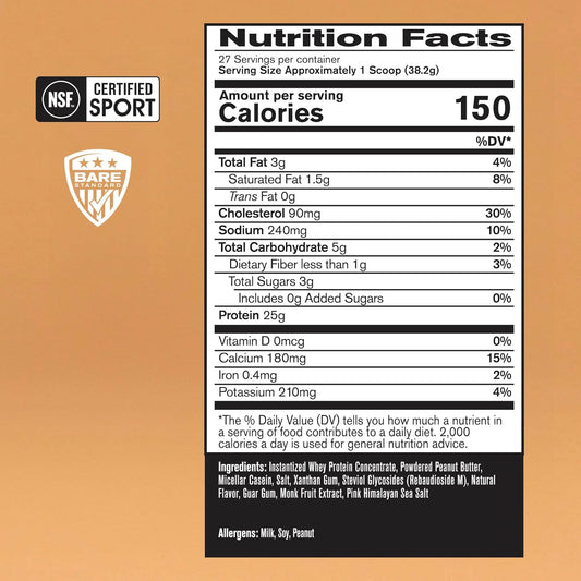 Bare Performance Nutrition, Bpn Whey Protein + Casein Protein Powder Blend, Peanut Butter, 25G Protein Per Serving Supports Lean Muscle Recovery, 27 Servings, Third Party Tested