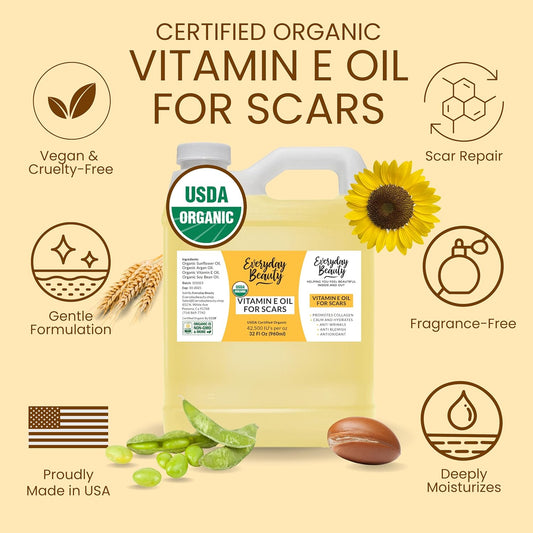 Organic Vitamin E Oil Bulk - 32Oz Usda Certified 100% All Natural Plant Based - Light And Unscented Great For Scars After Surgery - For Face, Skin And Nails - Anti-Aging, Reduce Appearance Of Wrinkles