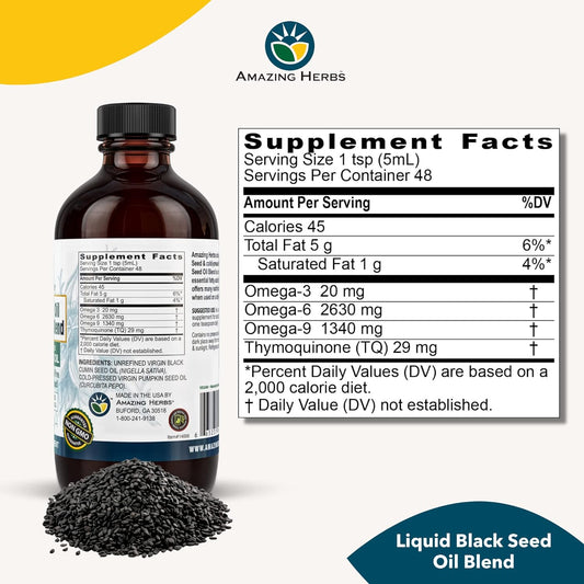 Amazing Herbs Black Seed and Pumpkin Seed Cold-Pressed Oil Blend - Gluten-Free, No Preservatives, High in Omega 3, 6, & 9, Improves Immune Respones & Promotes Digestive Health - 8 Fl Oz