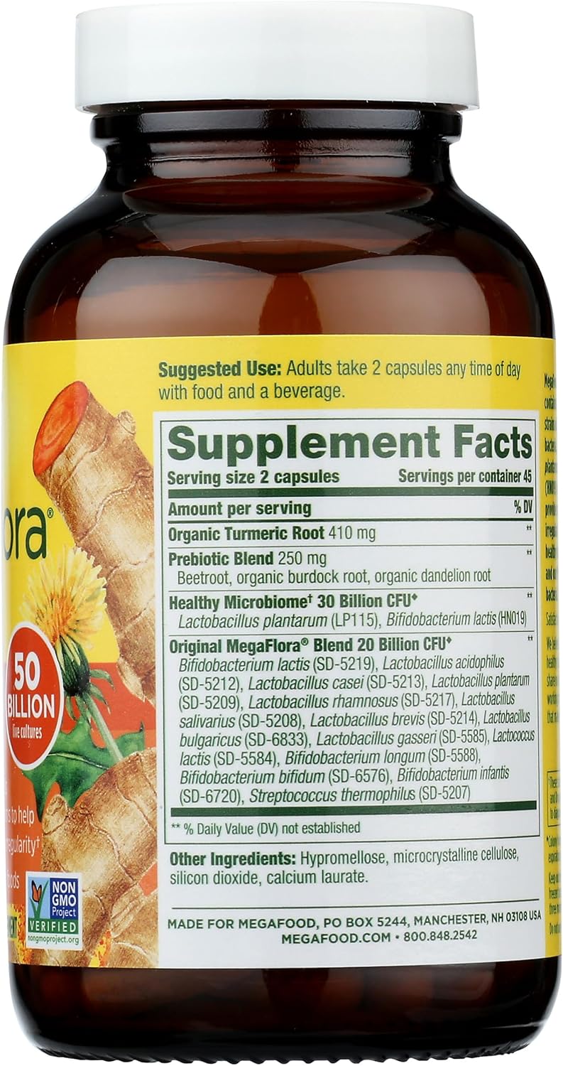 MegaFood MegaFlora Probiotic + Prebiotics + Turmeric - Probiotics for Women & Men - Probiotics for Digestive Health - 50 Billion CFUs - 14 Strains - Vegan - Non-GMO - 90 Caps (45 Servings) : Health & Household