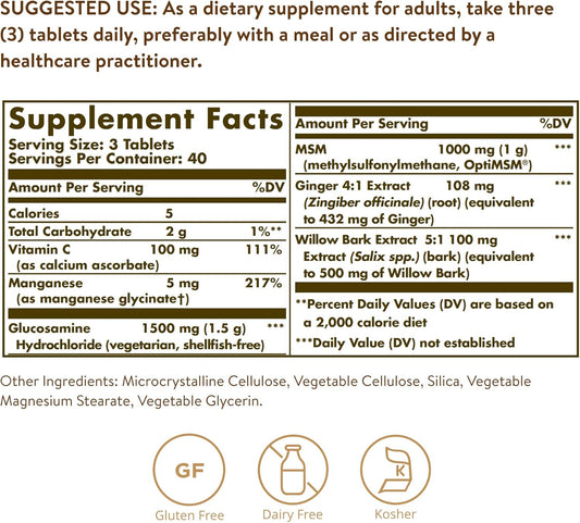 Solgar Glucosamine Msm Complex, 120 Tablets - Promotes Healthy Joints - Supports Range Of Motion & Flexibility - Supports Collagen - Shellfish-Free - Gluten Free, Dairy Free, Kosher - 40 Servings