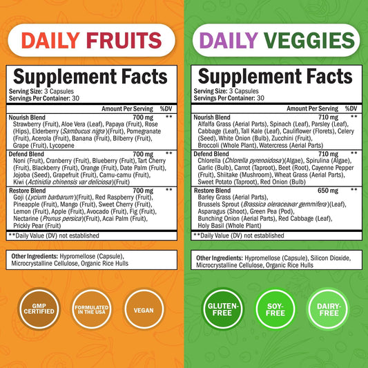 Daily Fruits And Veggies Supplement For Women And Men - 47 Whole Food Fruits And Vegetables - Diverse Natural Balance Of Vitamins Minerals And Noni - 90 Fruit Capsules, 90 Veggie Capsules (2 Pack)