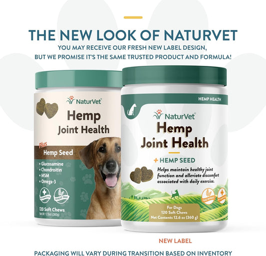 NaturVet – Hemp Joint Health For Dogs - Plus Hemp Seed | Supports Overall Joint Health | Enhanced with Glucosamine, MSM, Chondroitin & Antioxidants | 120 Soft Chews