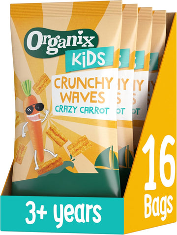 Organix Kids Crazy Carrot Crunchy Waves Snack 3+ Years Multipack, 4 X 14 G Bags Per Pack (4 Packs Total)