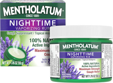Mentholatum Nighttime Vaporizing Rub, Lavender Scent, Maximum Strength Cough Suppressant, Topical Chest Rub & Analgesic Ointment, Soothing Vapors Relieve Aches & Pains Due To Cold & Cough, 1.76 Oz