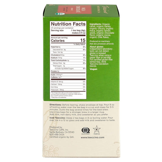 Teeccino Maca Chocolaté Herbal Tea - Rich & Roasted Herbal Tea That’S Caffeine Free & Prebiotic With Natural Energy From Adaptogenic Peruvian Maca, 25 Tea Bags