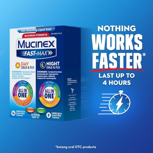 Mucinex Fast-Max Day Cold And Flu & Night Cold And Flu Medicine For Adults, Day/Night Combo Pack For Fever, Sore Throat Relief, Decongestant, Cough & Cold Medicines, 24 Fast-Dissolving Liquid Gels