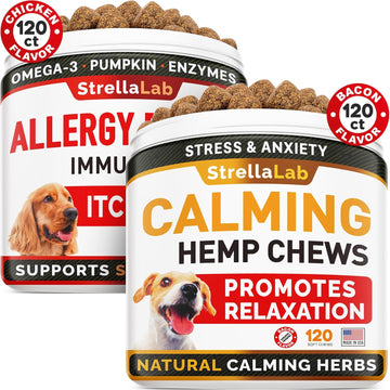 Allergy Relief + Hemp Calming Dogs Bundle - Itchy Skin Treatment + Anxiety Relief - Omega 3 & Pumpkin + Valerian Root, Chamomile - Dogs Itching & Licking + Sleep Calming Aid - 240 Chews - Made In Usa