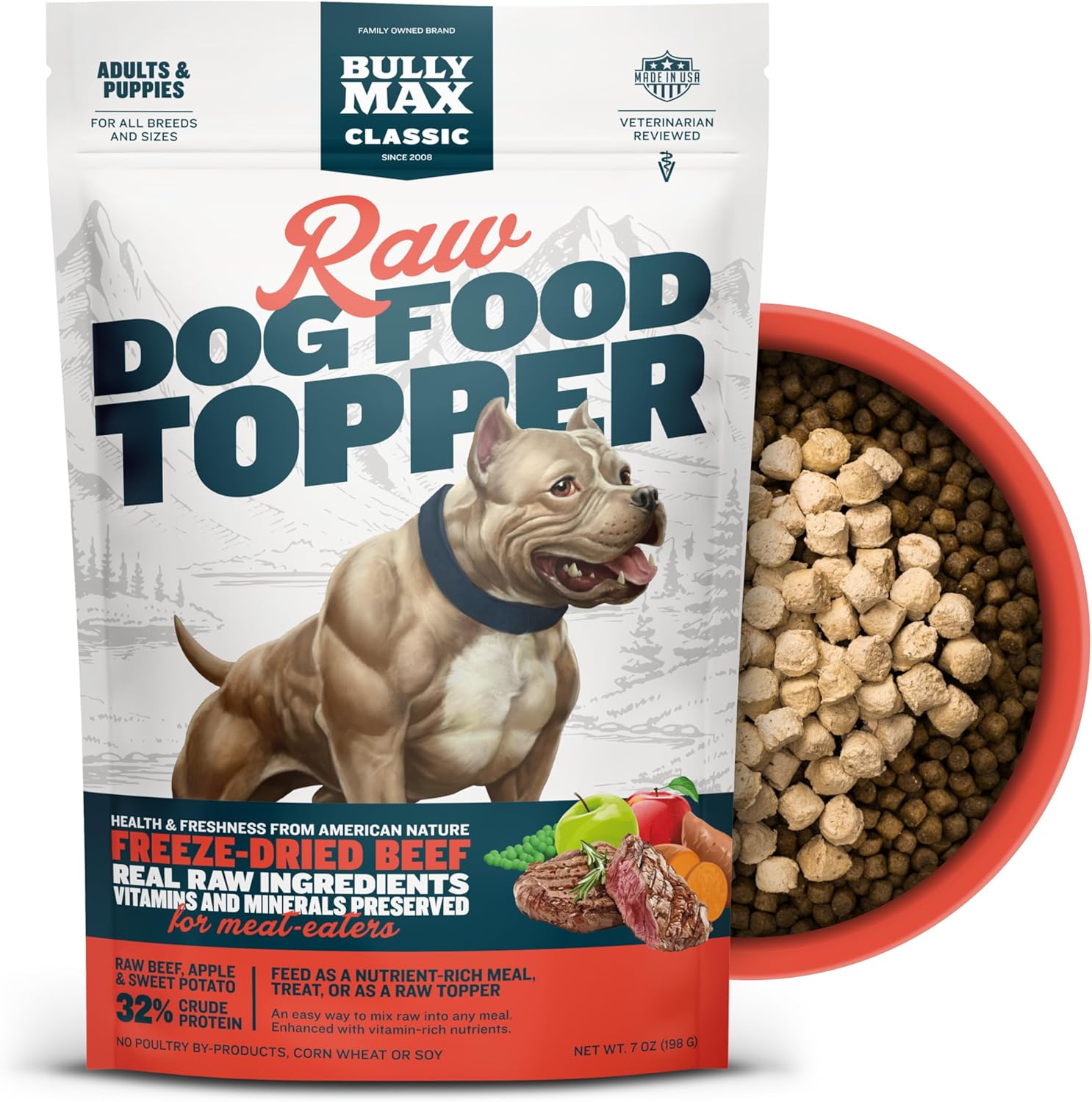 Bully Max Freeze-Dried Raw Dog Food Toppers For Puppies And Adult Dogs - Beef With Real Fruits & Veggies - Natural Meal Enhancers With Vitamins & Minerals - Feed As Puppy Treat Or Dog Meal