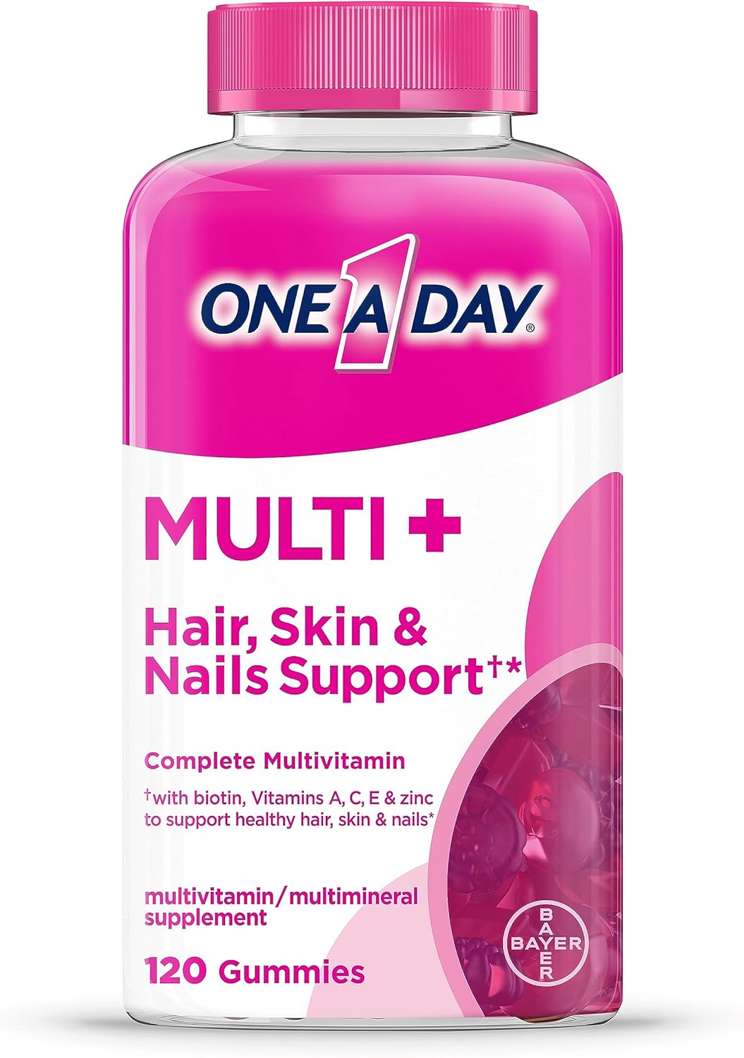 One A Day Multi+ Hair, Skin & Nails, Multivitamin + Boost Of Support For Healthy Hair, Skin & Nails With Biotin And Vitamins A, C, E & Zinc ,Gummy 120 Count (2 Month Supply)