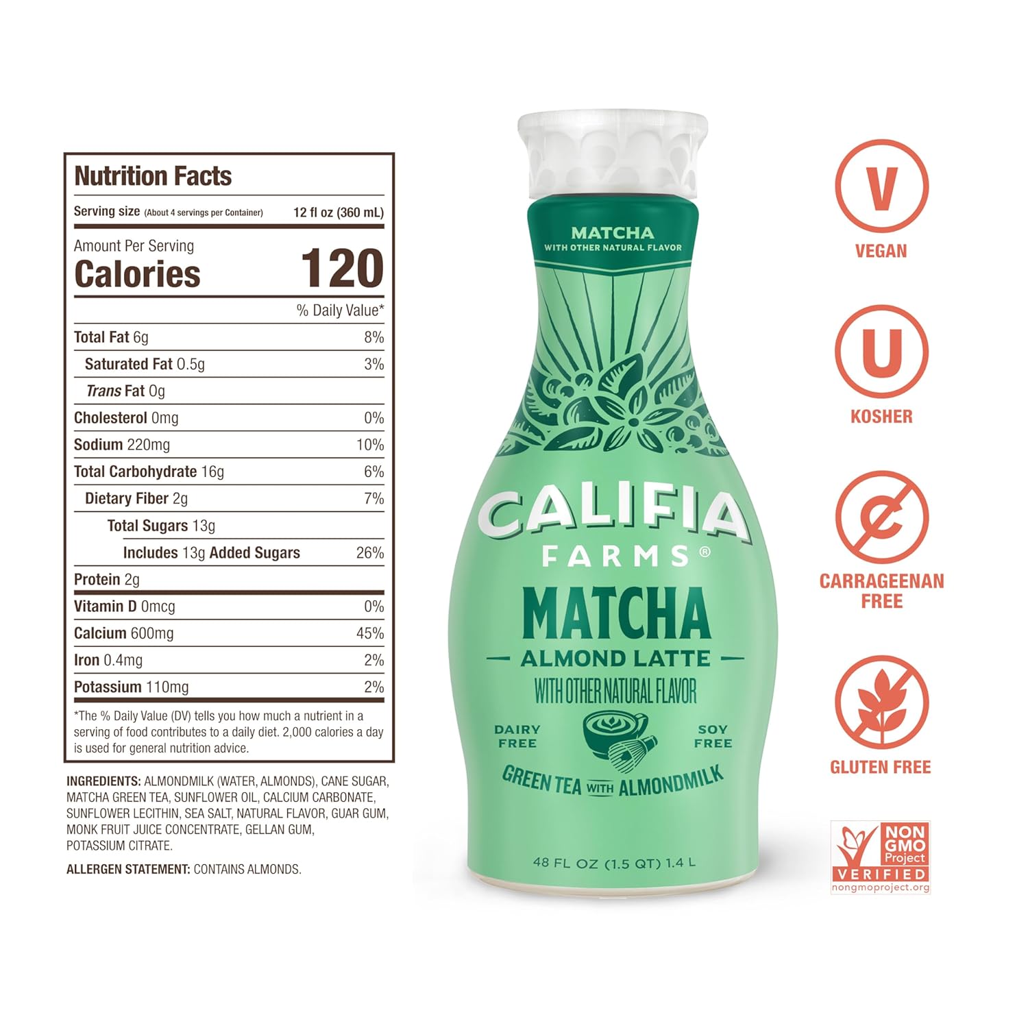 Califia Farms - Matcha Almond Latte, 48 Oz, Dairy Free, Almond Milk, Plant Based, Vegan, Gluten Free, Non Gmo, Green Tea