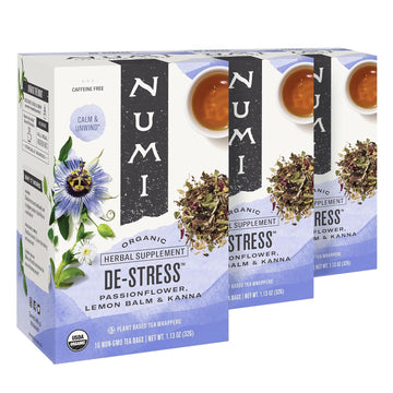 Numi Organic De-Stress Tea, 16 Tea Bags (Pack Of 3), Passionflower, Lemon Balm, And Kanna, Caffeine Free