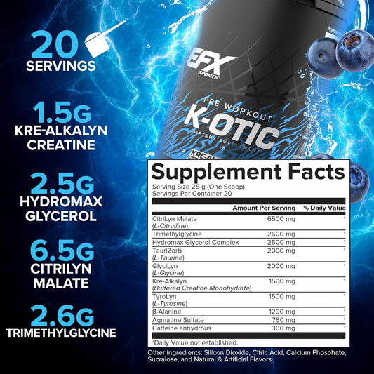 Efx Sports K-Otic Pre Workout | With Kre-Alkalyn Creatine & Hydromax Glycerol | 300Mg Caffeine + Full-Spectrum Amplifiers | 20 Servings (Blueberry Crush)