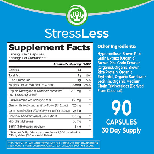 Orgain Stressless, Vegan Stress Relief Supplement - Blend Of Magnesium, Lemon Balm, Gaba, 5 Htp, Rhodiola Rosea, Ashwagandha And Chamomile, Gluten Free, Doctor Formulated - 90 Count, 30 Day Supply