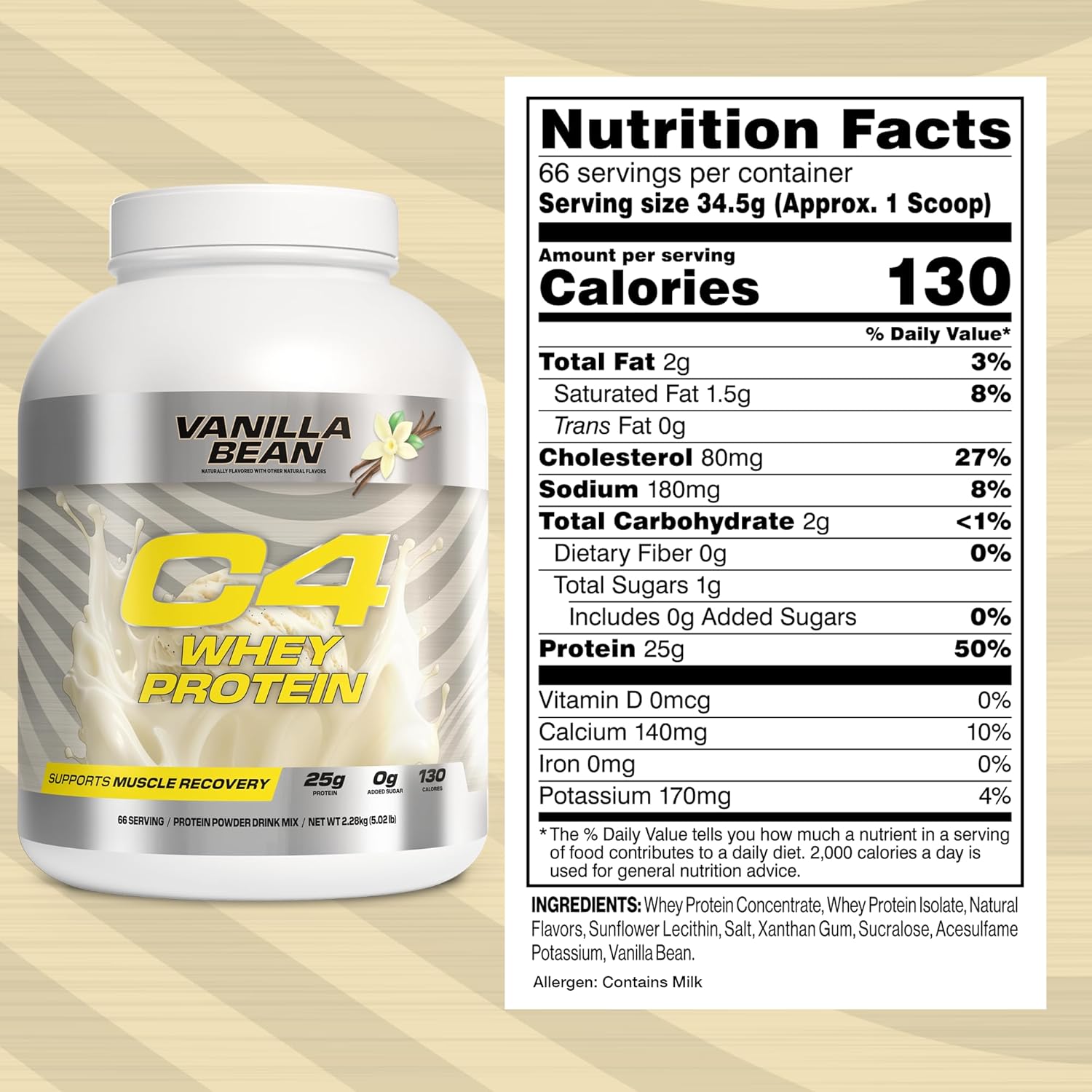 Cellucor C4 Whey Protein Powder, Vanilla Bean - 25G Protein, 0G Added Sugar, 130 Calories Per Serving, Supports Muscle Recovery, 66 Servings, Premium Whey For Post-Workout