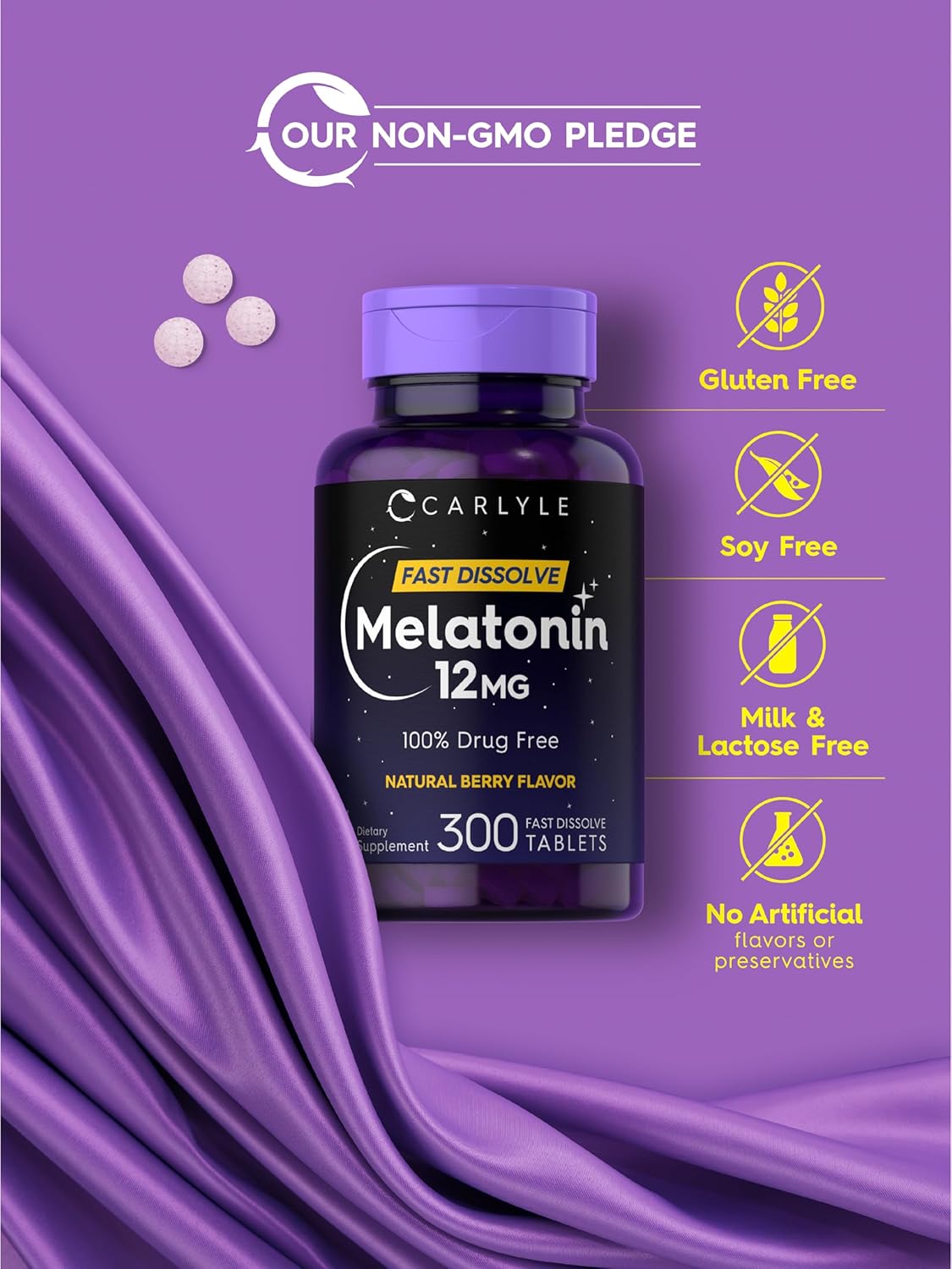 Carlyle Melatonin 12 Mg Fast Dissolve 300 Tablets | Drug Free | Natural Berry Flavor | Vegetarian, Non-Gmo, Gluten Free : Health & Household