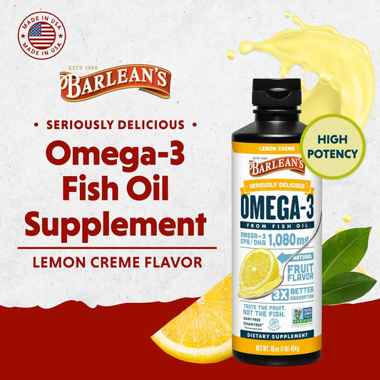 Barlean'S Omega 3 Fish Oil Liquid Supplement For Men And Women, Lemon Crème, 1080Mg Of Omega 3 Epa And Dha Fatty Acid, 16 Oz