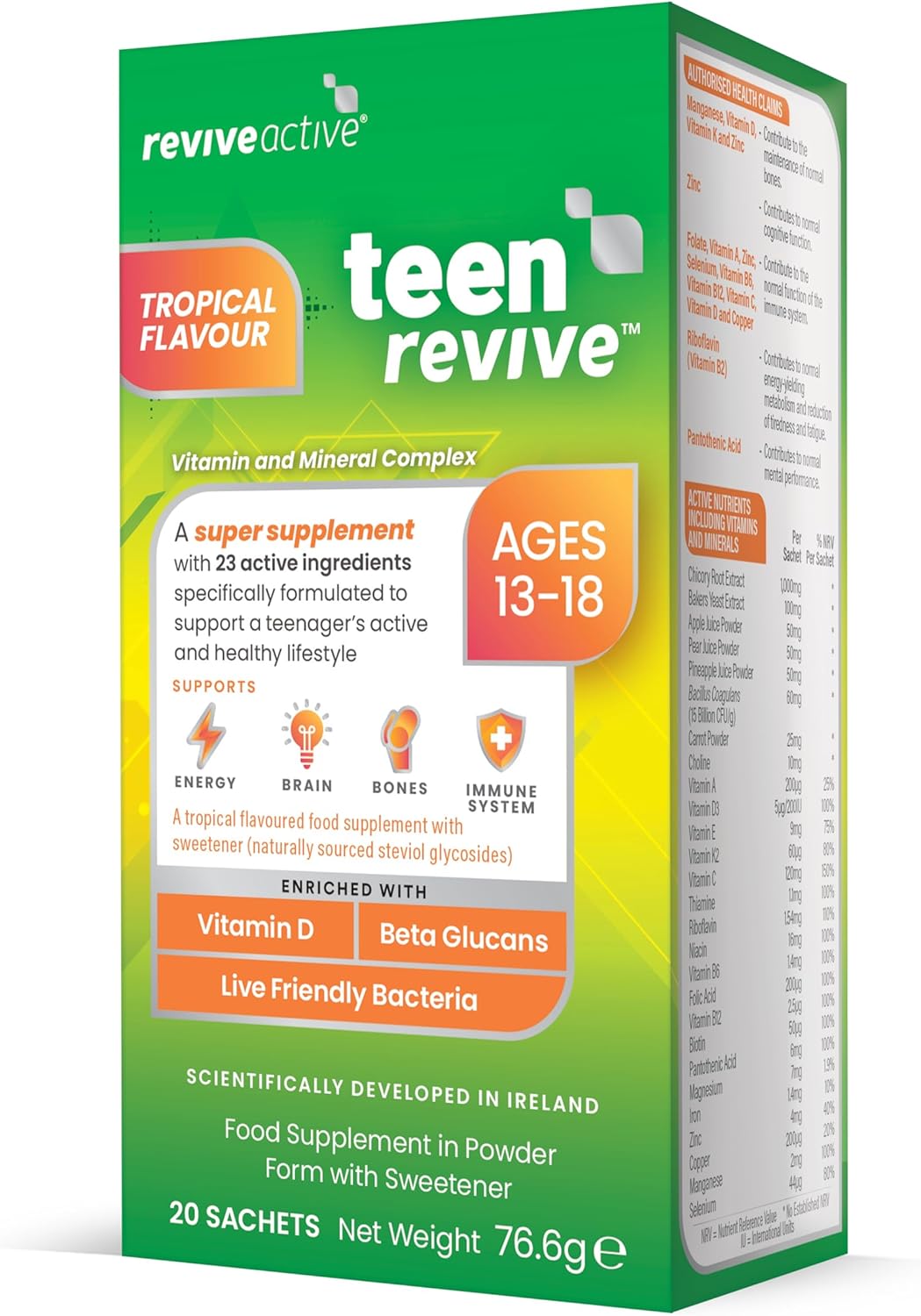 Teen Revive Super Supplement - 23 Active Ingredients in 1 Daily Sachet - Vitamin C, B12, Niacin, and Folate - Supports Overall Health & Immune System - Suitable for 13-18 Years Old - 20 Days Supply : Amazon.co.uk: Health & Personal Care