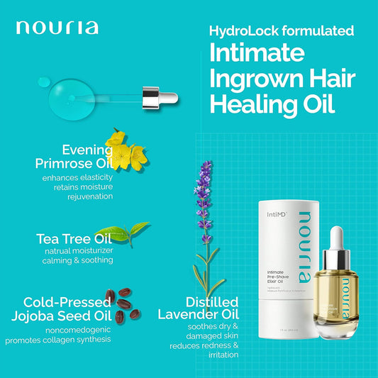 Nouria Intimate Pre-Shave Elixir Oil, Hydrolock Moisturizer Conditioner Nourishing Formula Helps With Ingrown Hair, Itch, Razor Bump, Razor Burns For Bikini Area, Legs, Underarm