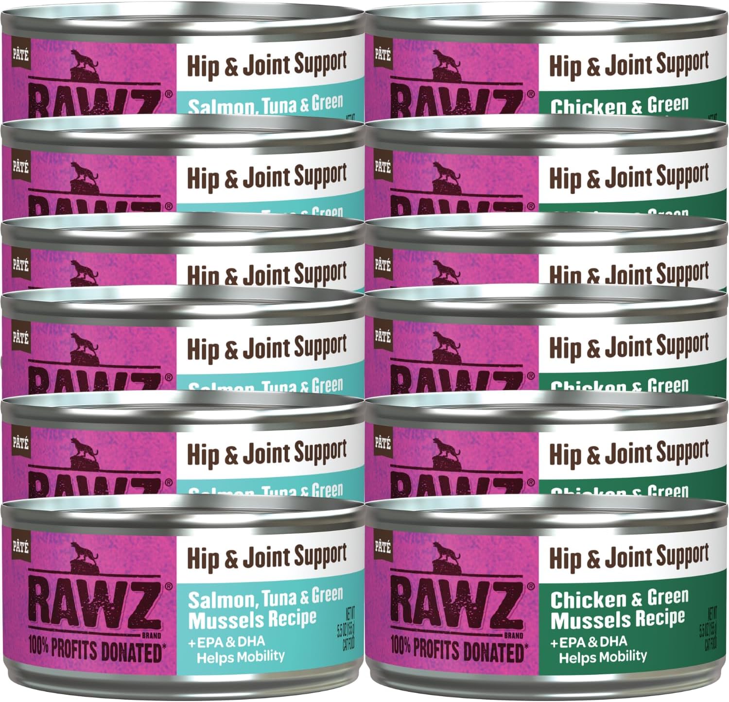 Rawz Natural Premium Pate Canned Food For Cats + Epa,Dha For Hip & Joint Support -12 Pack Cans Variety Flavor Bundle Pack -2 Flavors - (Salmon, Chicken) With Hotspot Pets Can Lid - (5.5 Oz Cans)