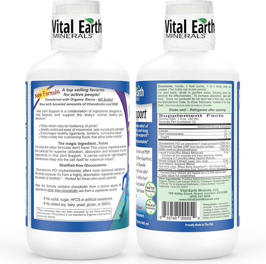 Vital Earth Joint Support Supplement Liquid – Glucosamine, Chondroitin, Msm With Fulvic Acid For Faster Absorption & Relief 32 Oz + 1 Oz Cup