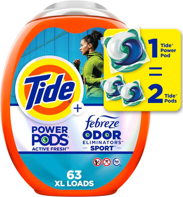 Tide Power Pods Laundry Detergent Soap Pacs With Febreze Sport, 63 Count, Laundry Pods With Febreze Freshness And Sport Odor Defense (133)