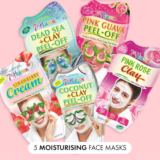 7Th Heaven Variety Pack Of 5 Clay, Cream & Peel-Off Face Mask – Hydrating & Moisturising Formula Suitable For All Skin Types – Vegan & Cruelty-Free Skincare