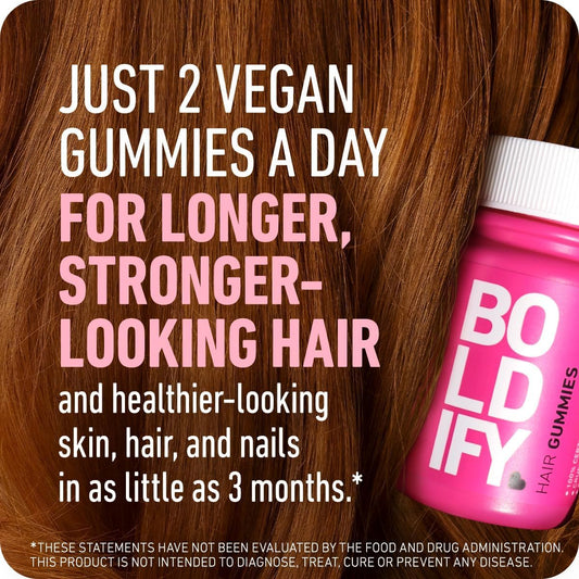 Boldify Hair Gummies - Sugar Free - Biotin Gummies - Fast Acting Vegan Hair Skin And Nails Vitamins For Hair Growth - Natural Strawberry Hair Growth Gummies - 5000Mcg Biotin/Serving, 30 Day Supply