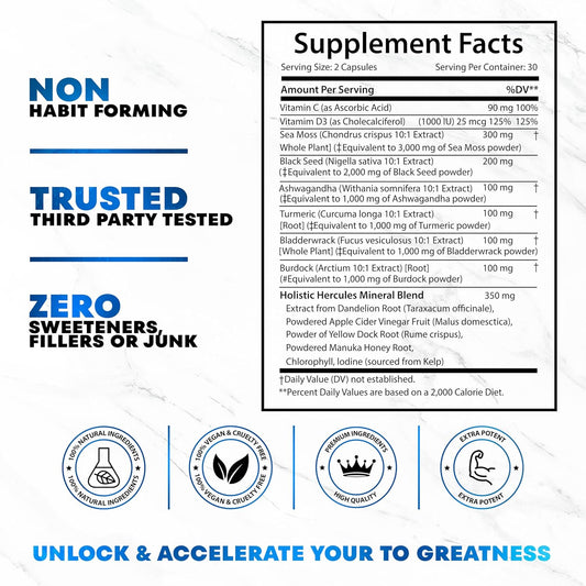 Blend: Sea Moss 9000Mg, Black Seed Oil 6000Mg, Ashwagandha 3000Mg, Burdock 2000Mg & More - Vitamin C, D3, Elderberry, Chlorophyll Acv - 60 Capsules - All In 1 Natural Blend