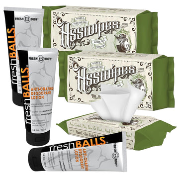 Fresh Body FB The Ultimate Fresh Pack for Men: (3 Pack) Fresh Balls and (3 Pack) Asswipes All Over Wipes with Aloe and Vitamin E - Alcohol, Paraben, and Fragrance Free