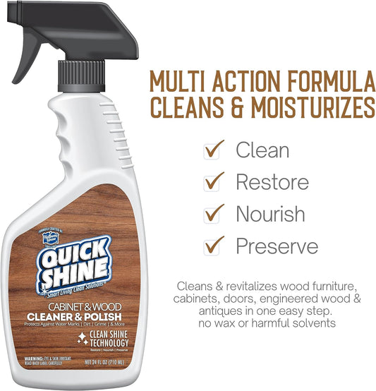 Quick Shine Cabinet & Wood Cleaner & Polish 24oz, 6Pk | Clean & Revitalize your Wood in One Easy Step | Just Spray & Wipe | Removes Dirt & Shines w/No Waxy Buildup | Restore, Nourish, Preserve