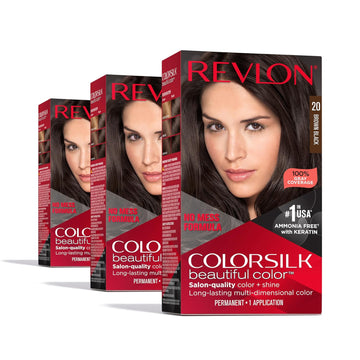 Revlon Colorsilk Beautiful Color Permanent Hair Color, Long-Lasting High-Definition Color, Shine & Silky Softness With 100% Gray Coverage, Ammonia Free, 20 Brown Black, 3 Pack