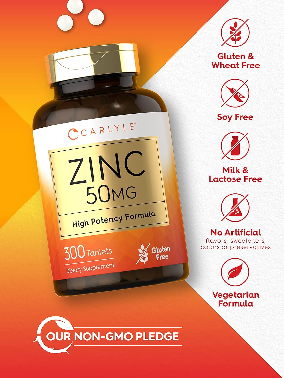 Zinc 50mg | 300 Tablets | Vegetarian, Non-GMO, and Gluten Free Supplem