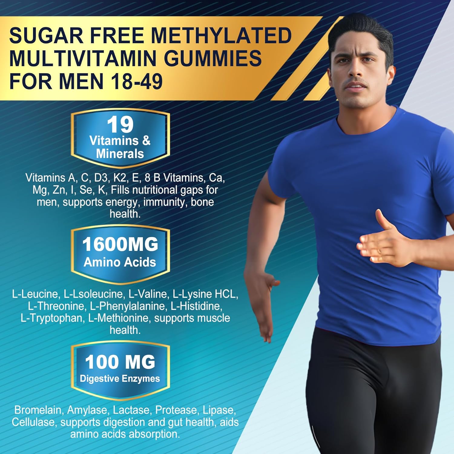 Methylated Multivitamin For Men Gummies, Bcaa Amino Acids, Zinc, Daily Vitamin A C D3 E K2 B Complex, Calcium, Magnesium, Lycopene, Digestive Enzymes - Energy, Immune, Muscle- Sugar Free, Vegan, 60Cts : Health & Household