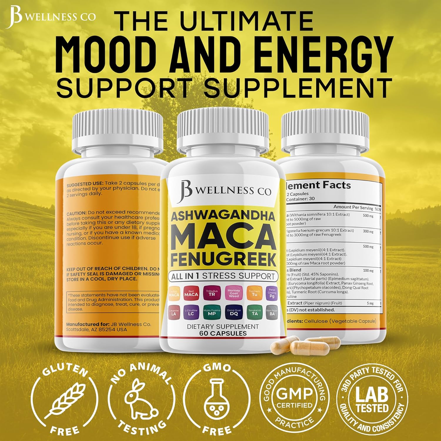 Jb Wellness Co Ashwagandha Maca Root, Fenugreek Supplement With Tongkat Ali Ginseng - Assists With Mood & Thyroid Health - 60 Count : Health & Household
