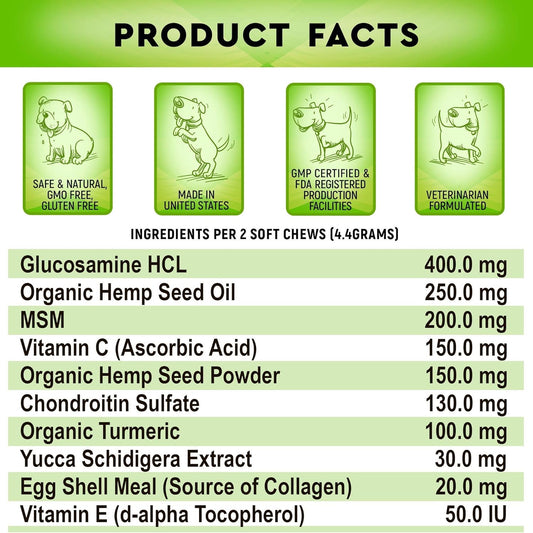 Hemp Chews + Glucosamine Combo For Picky Eaters - Duck And Bacon - Advanced Hip & Joint Supplement W/Hemp Oil Turmeric Msm Chondroitin + Hemp Protein To Improve Mobility - Joint Pain Relief