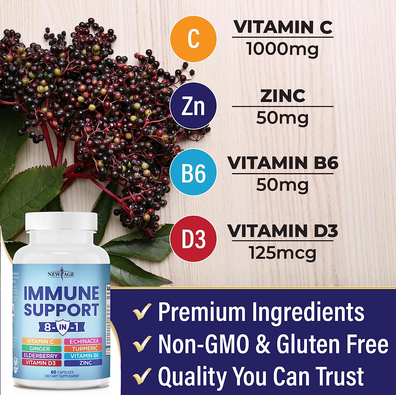 NEW AGE 8 in 1 Immune Support Booster Supplement with Echinacea, Vitamin C and Zinc 50mg, Vitamin D 5000 IU, Turmeric Curcumin & Ginger, B6, Elderberry 60 Count (Pack of 1) : Health & Household