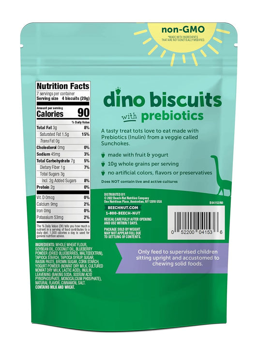 Beech-Nut Toddler Snacks, Dino Biscuits With Prebiotics, Blueberry Yogurt, Non-Gmo Baked Snack For Kids, 5 Oz Bag (7 Pack)