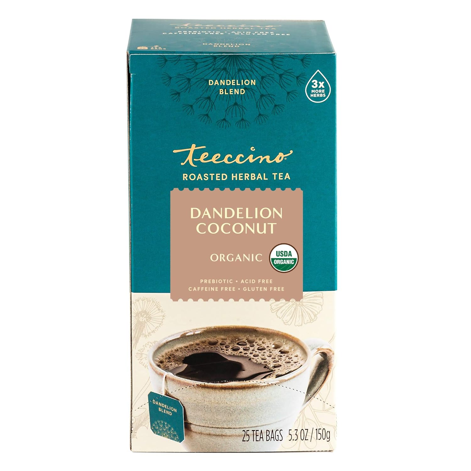 Teeccino Dandelion Coconut Tea - Caffeine Free, Roasted Herbal Tea With Prebiotics, 3X More Herbs Than Regular Tea Bags, Gluten Free - 25 Tea Bags