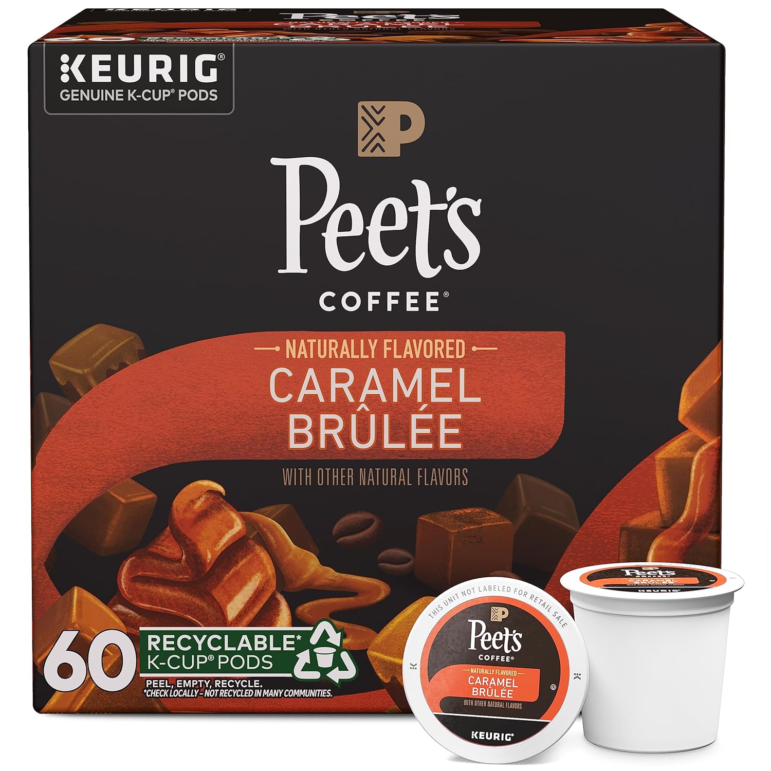 Peet’s Coffee, Flavored Coffee K-Cup Pods for Keurig Brewers - Caramel Brûlée, 60 Count (6 boxes of 10 pods), Light Roast