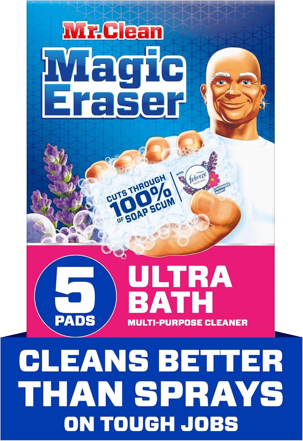 Mr. Clean Magic Eraser Ultra Bath Multi Purpose Cleaner For Bathroom, Soap Scum Remover For Shower, 5Ct