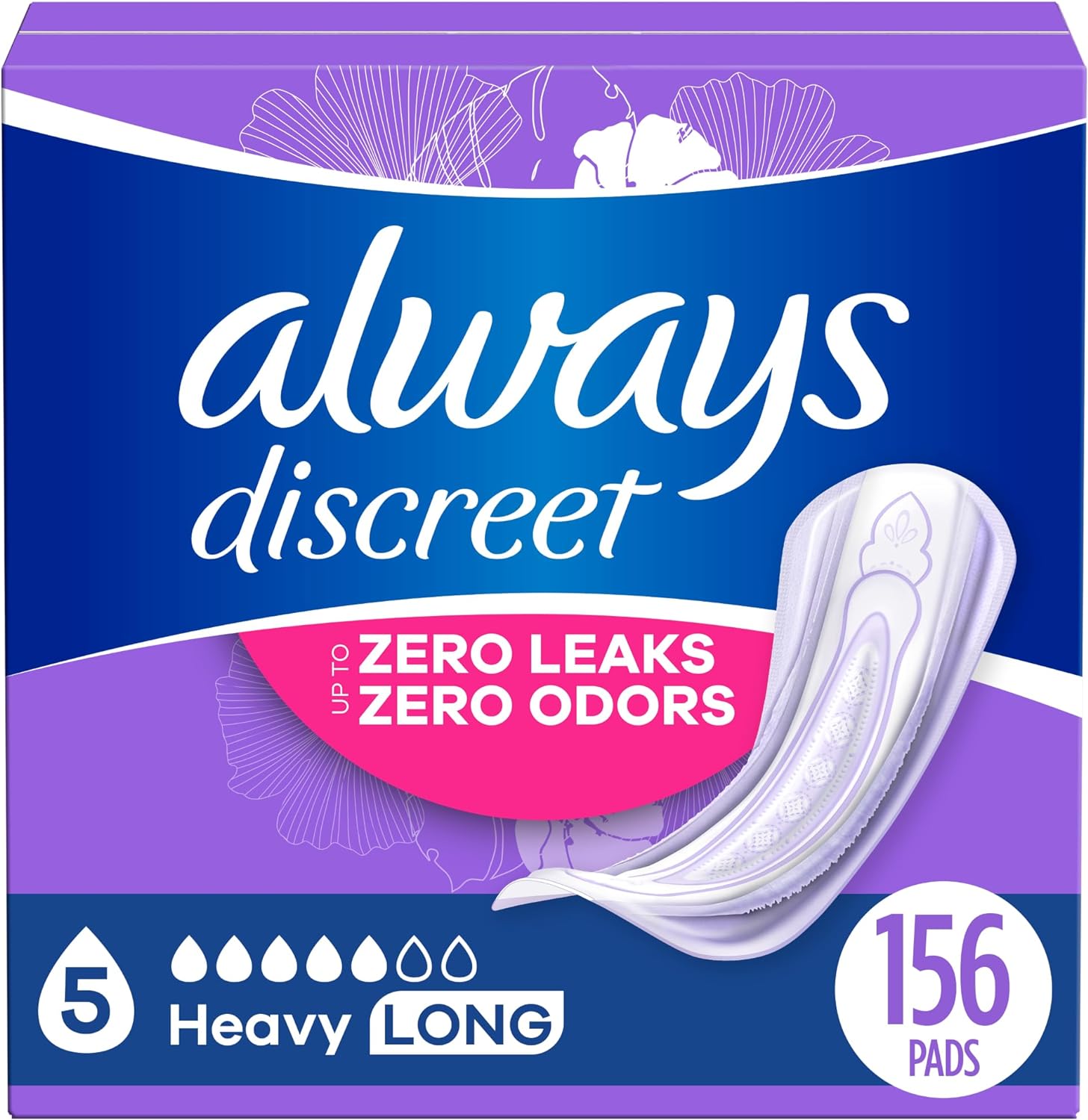 Always Discreet Adult Incontinence Pads for Women and Postpartum Pads, Heavy Long, 156 CT, up to 100% Bladder Leak Protection (Packaging May Vary)