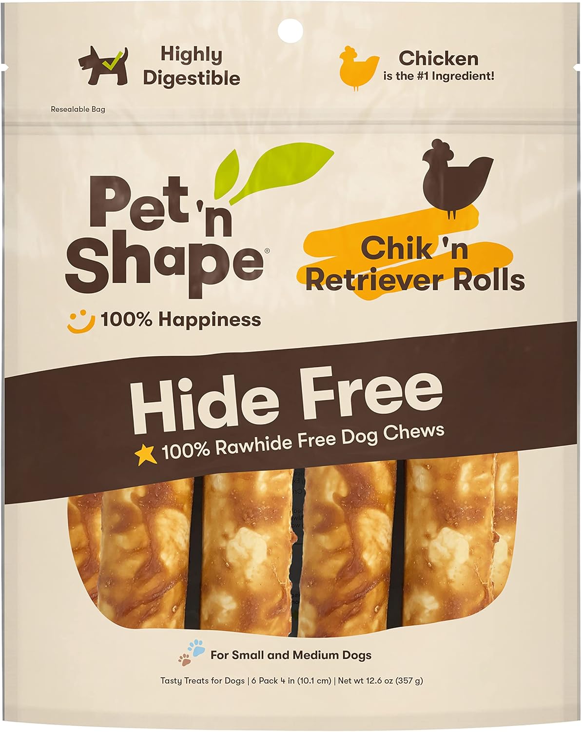 Pet 'N Shape Hide Free Chik 'N 4" Retriever Rolls, 6 Count 12.6 Oz - Rawhide Free Dog Treats - No Hide Alternative Chew Treat For All Life Stages