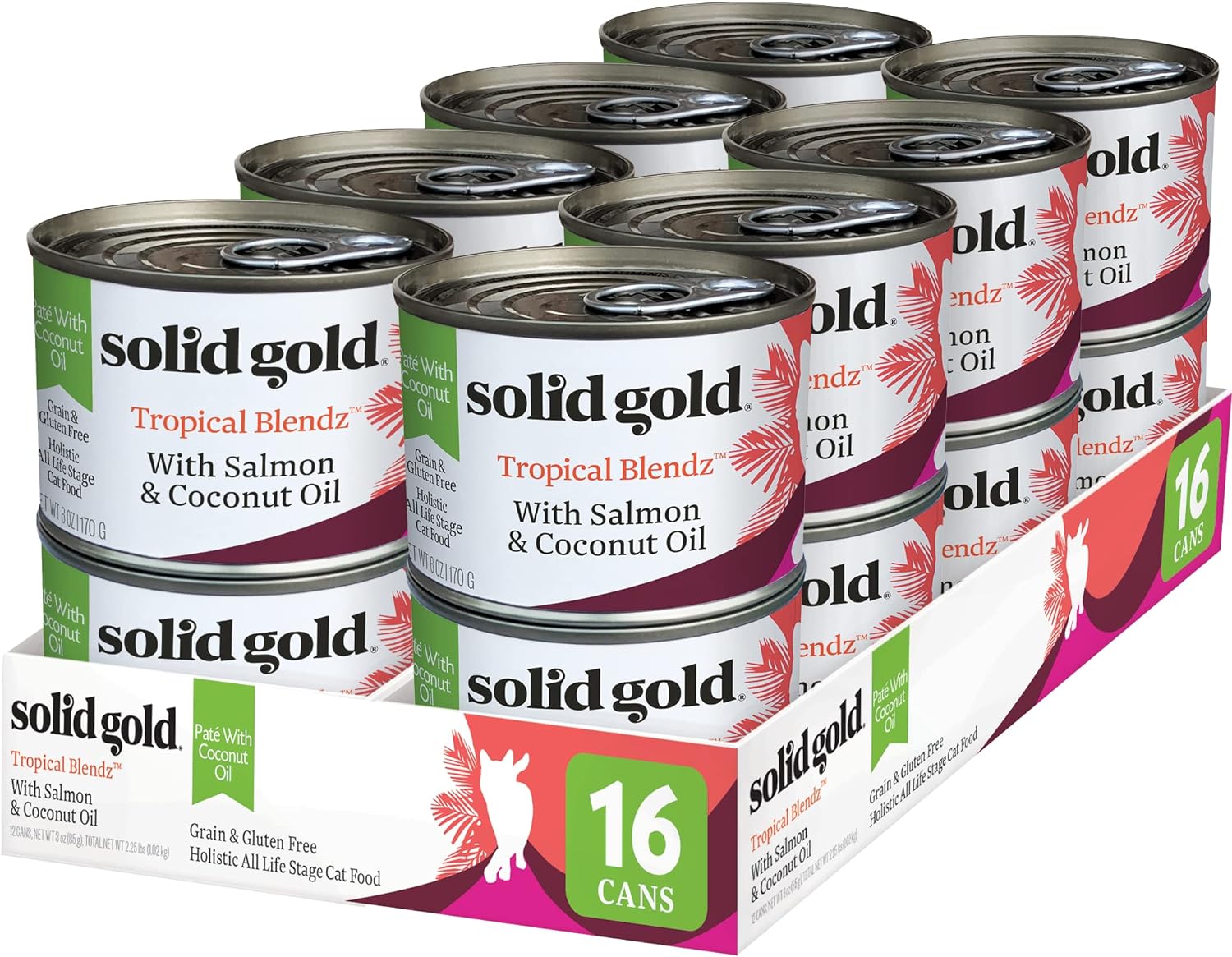 Solid Gold Wet Cat Food Pate For Adult & Senior Cats - Real Salmon & Coconut Oil - Tropical Blendz Grain Free Wet Cat Food For Healthy Digestion, Skin, Coat & Sensitive Stomach - 16Ct/6Oz Can