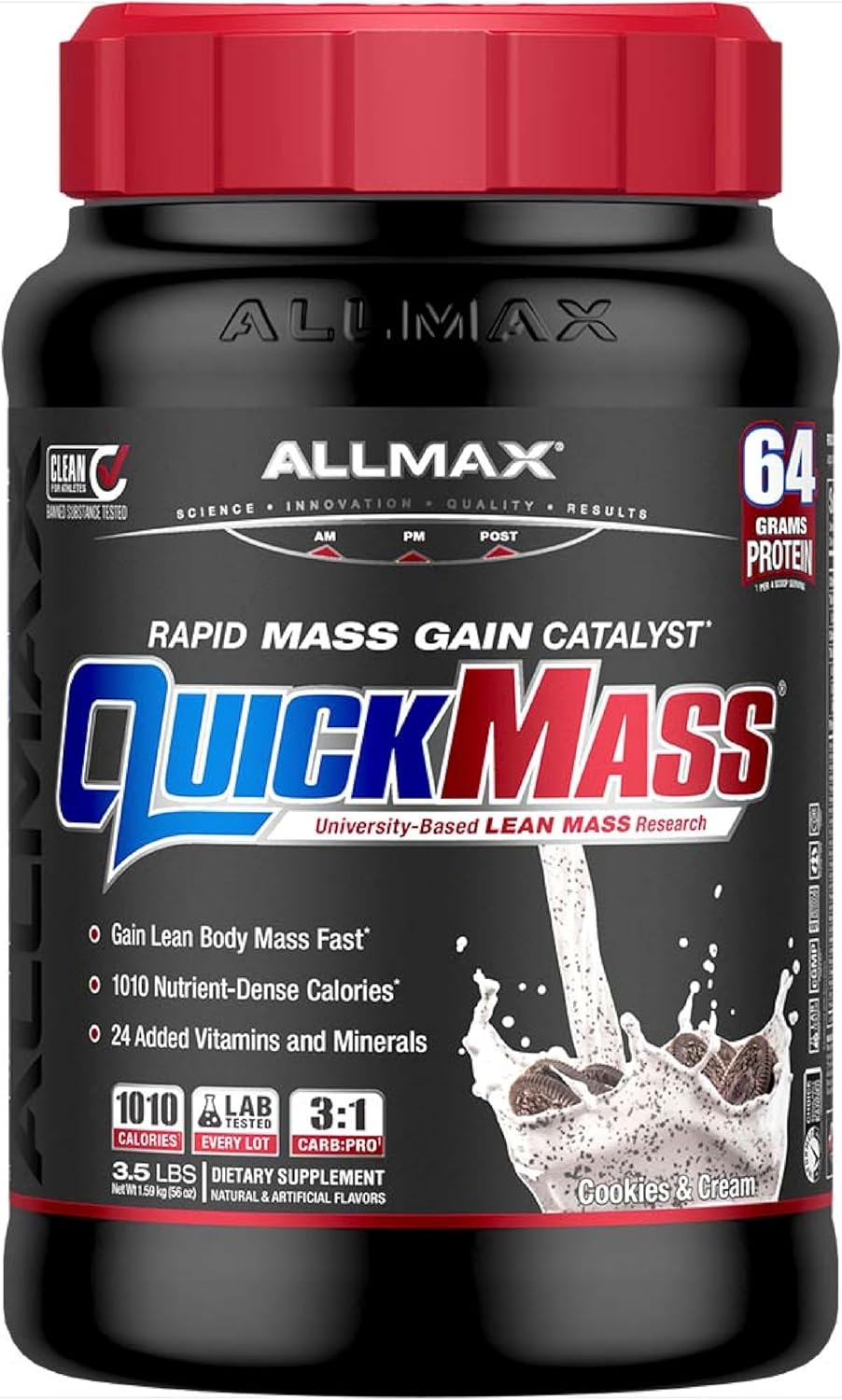 Allmax Quickmass, Cookies & Cream - 3.5 Lb - Rapid Mass Gain Catalyst - Up To 64 Grams Of Protein Per Serving - 3:1 Carb To Protein Ratio - Zero Trans Fat - Up To 24 Servings