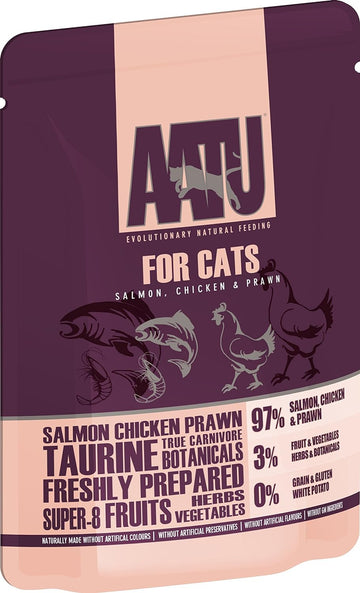 AATU 97/3 Wet Cat Food - Salmon - Chicken & Prawn (10x85g) - Grain Free Recipe with No Artificial Ingredients - Easy Tear Pouches?WACFC85